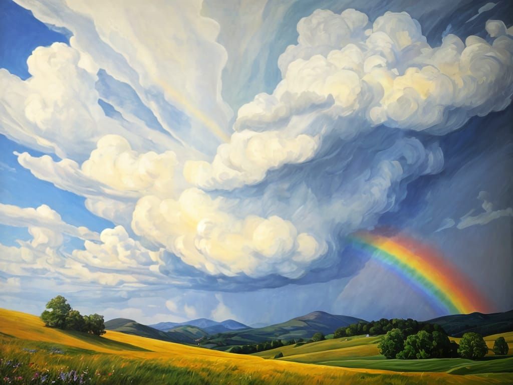 Stormy Landscape with Rainbow in Modern Art Style