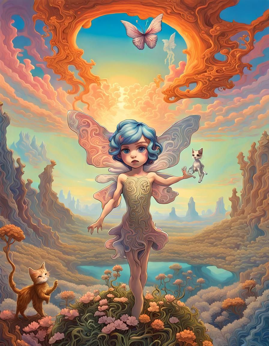 Surreal Landscape with Twisting Flora and Kitten Vortex