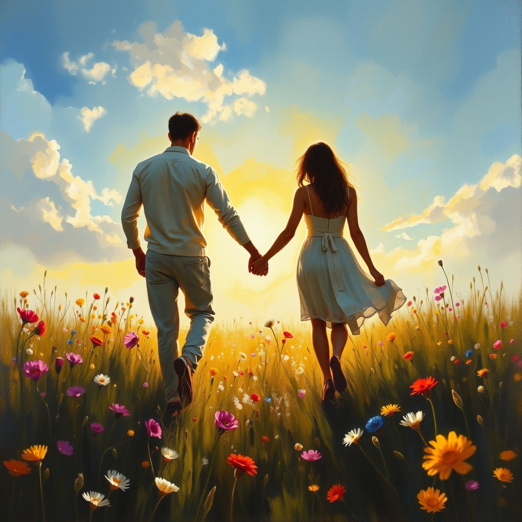 Romantic Oil Painting of Lovers in a Vibrant Wildflower Fiel...