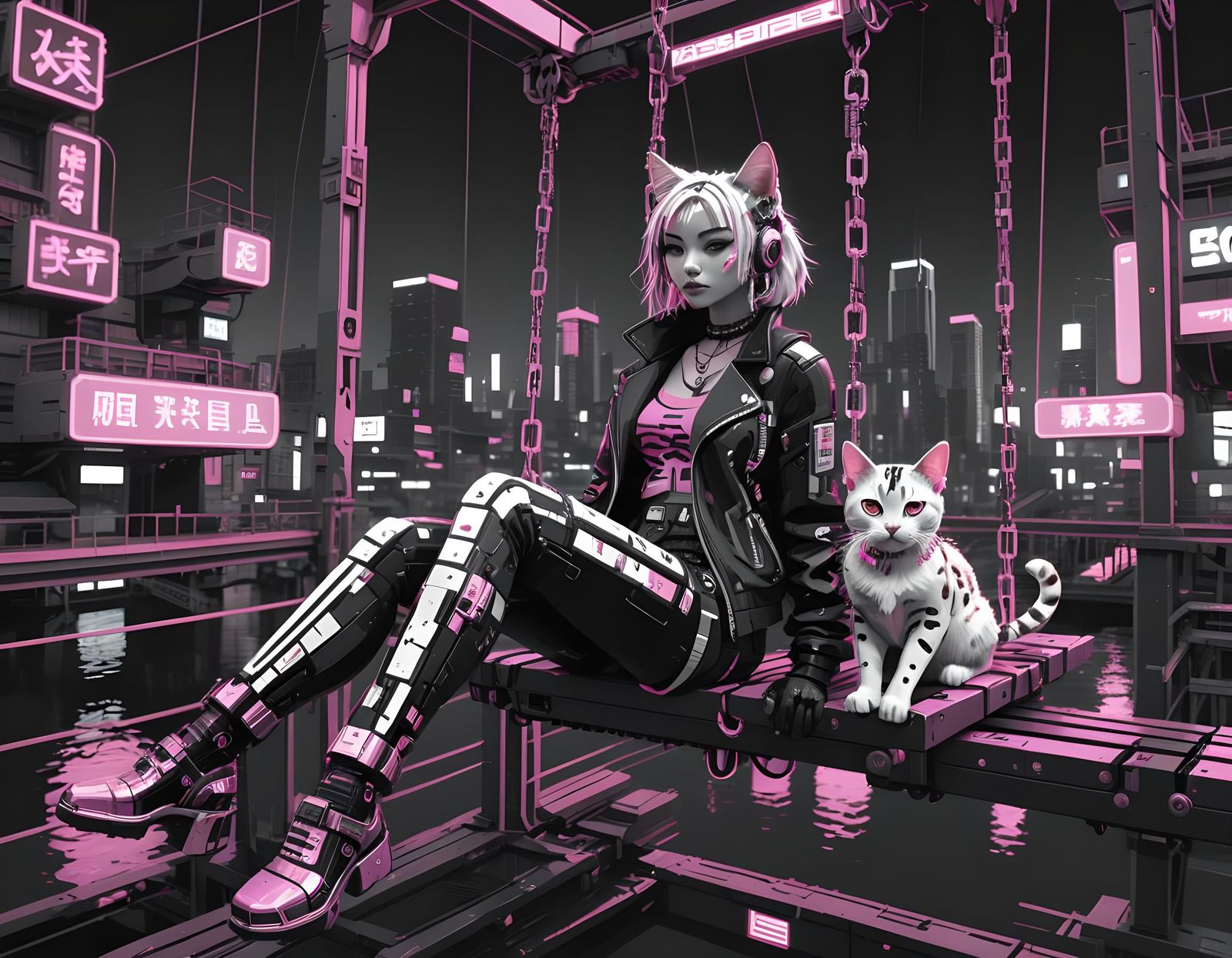 Cyberpunk Girl Lounging on Swing Bridge in Voxel Art