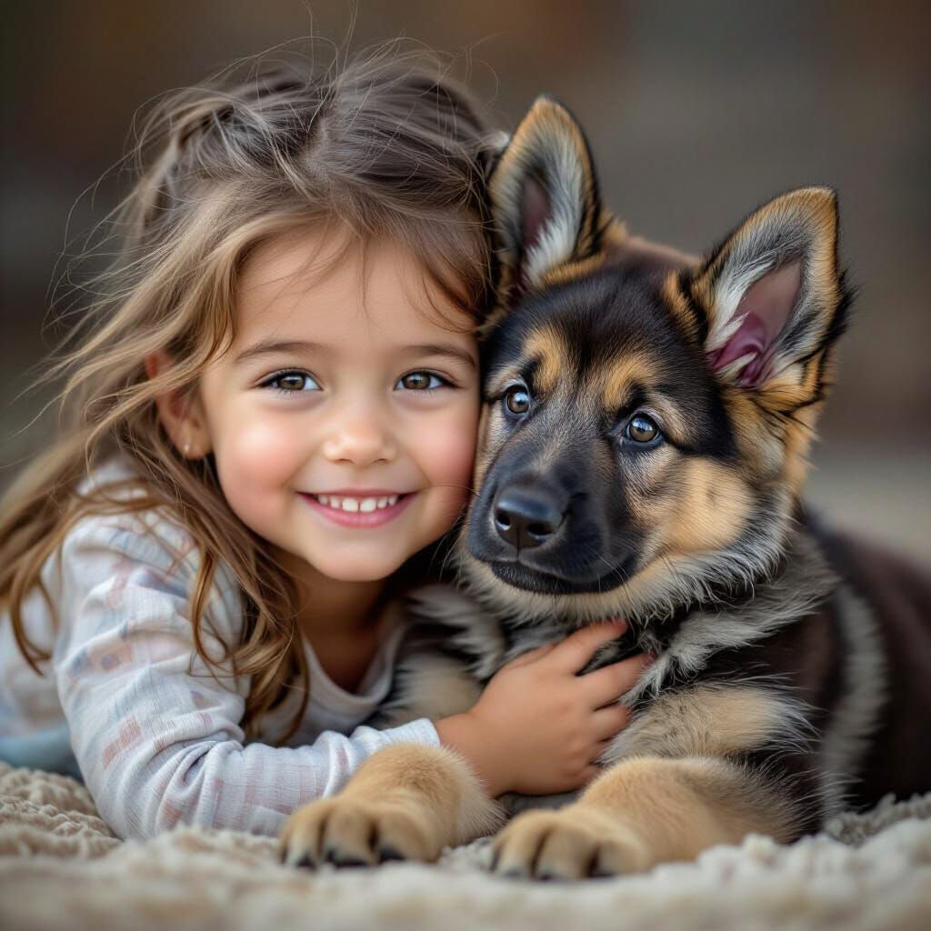 Girl Playing with German Shepherd Puppy, Hyperrealistic