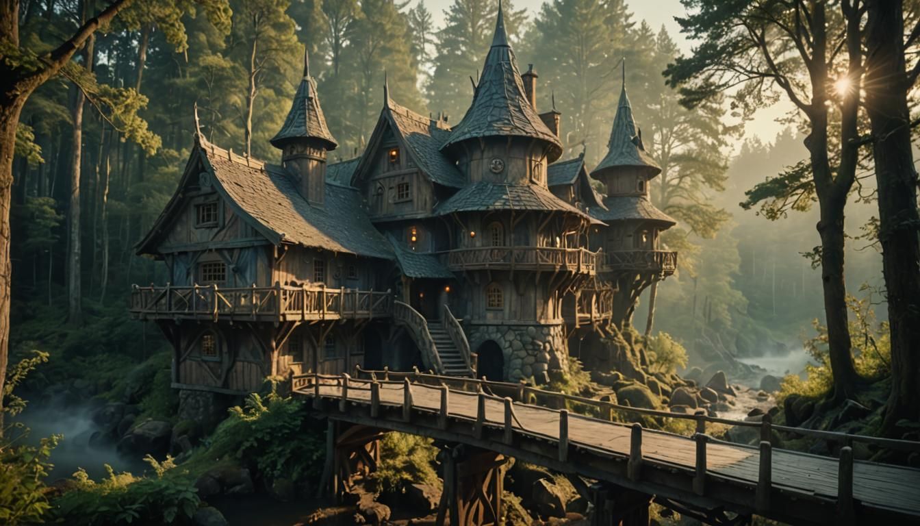 Elven House in Misty Forest: Cinematic Film Still