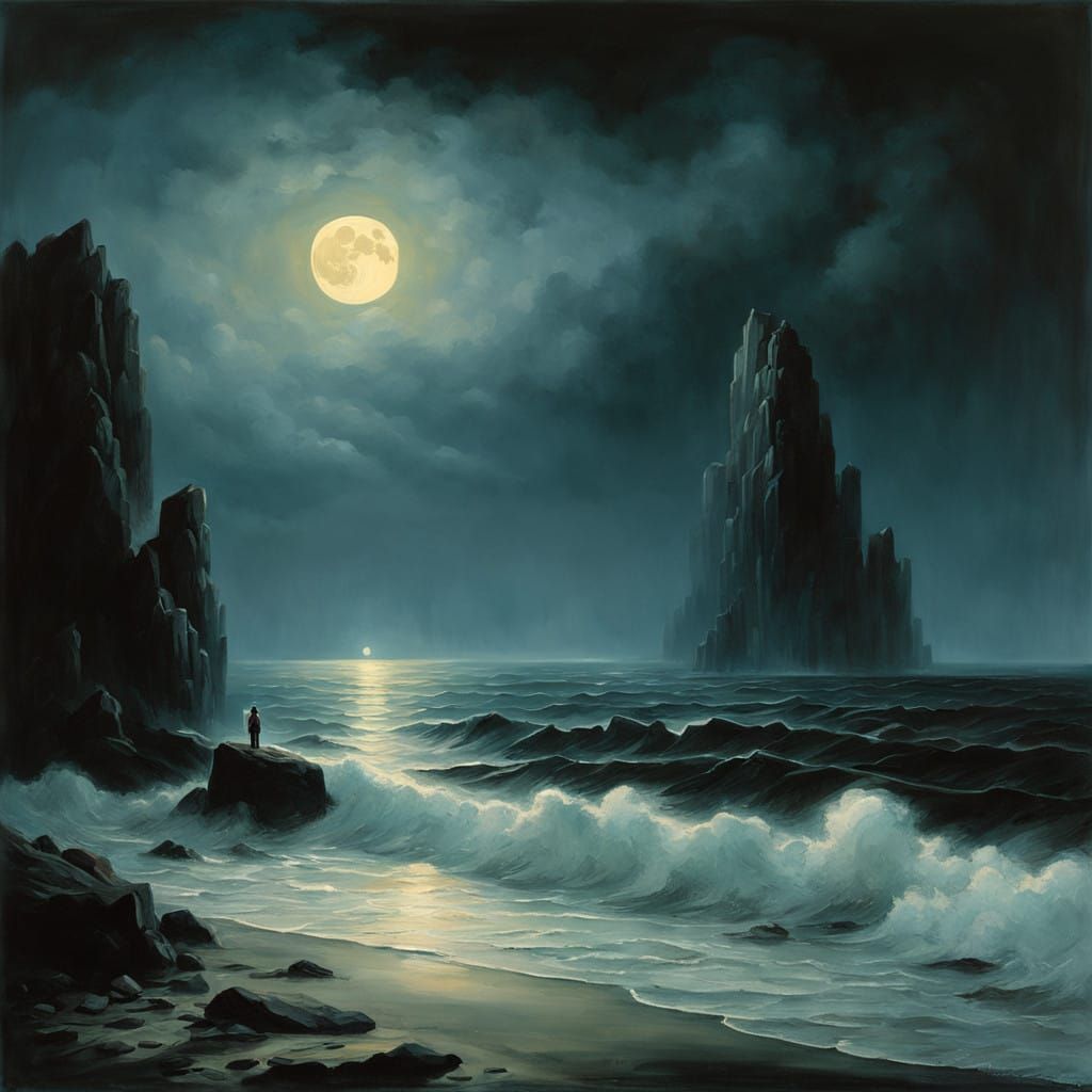 A Moody Seaside Figure at Night