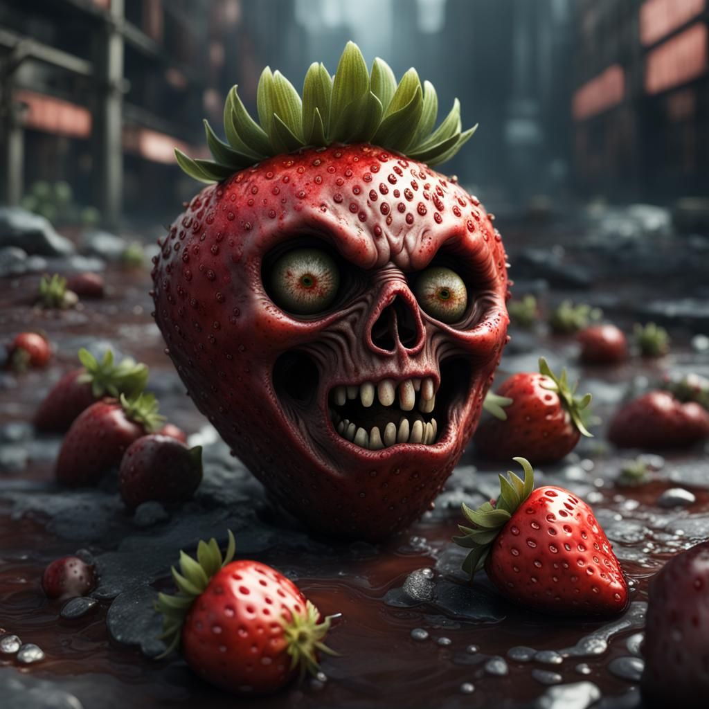 Creepy Zombie Strawberry in Post-Apocalyptic City
