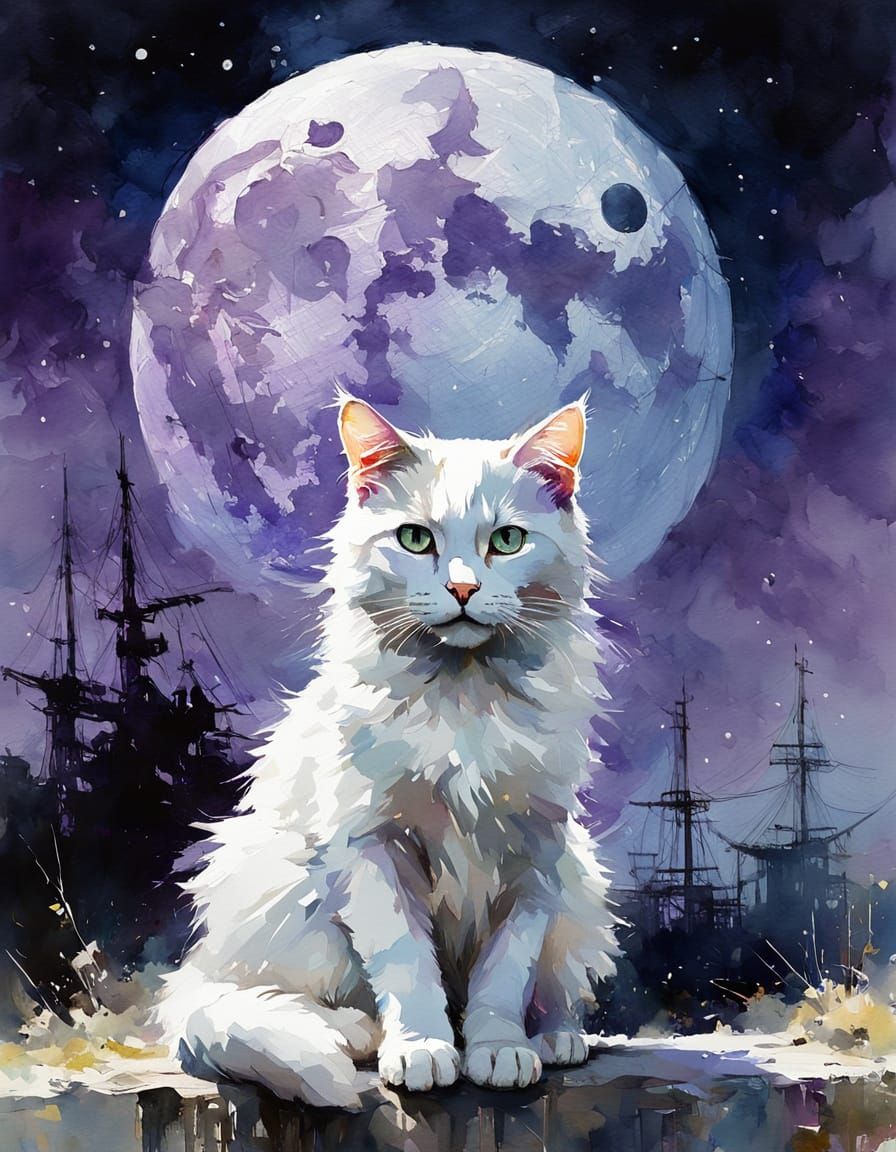 Whimsical Watercolor of a White Cat Under a Full Moon