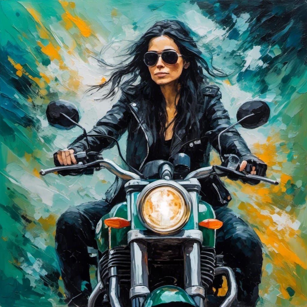 Biker Woman Posing with Motorcycle as Oil Painting