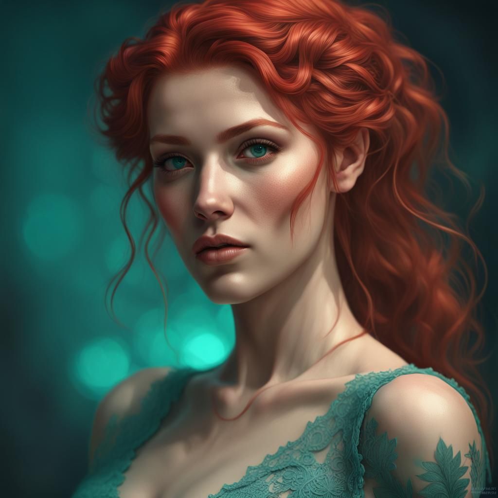 Red-Haired Model in Teal Dress: Detailed Digital Portrait