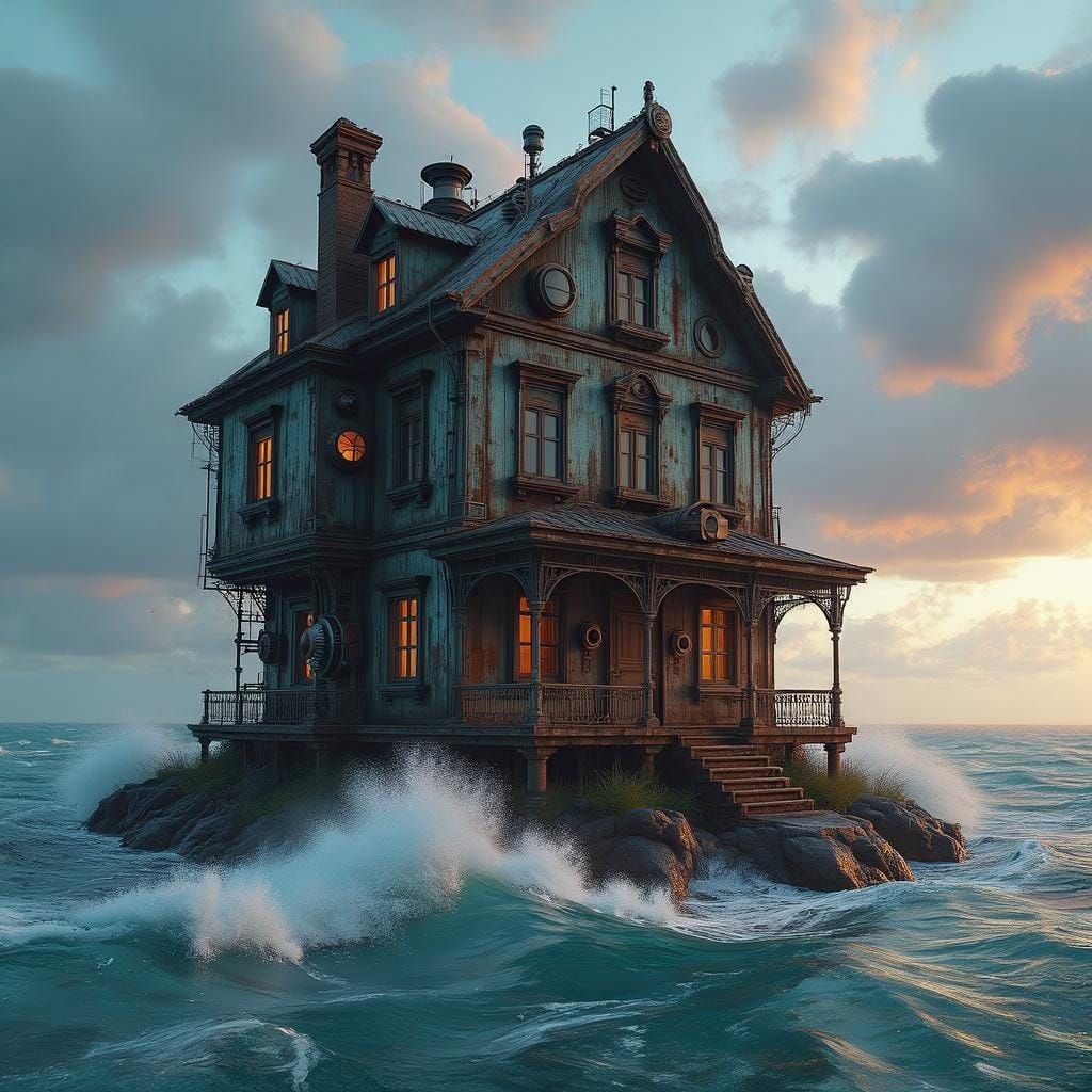 Mech-Detailed House on Island in Turbulent Ocean