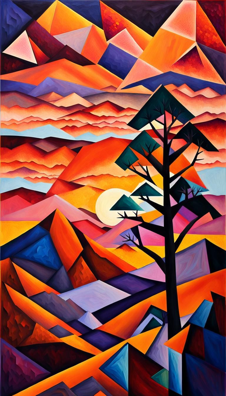 Cubist Mountain Landscape with Geometric Sunset
