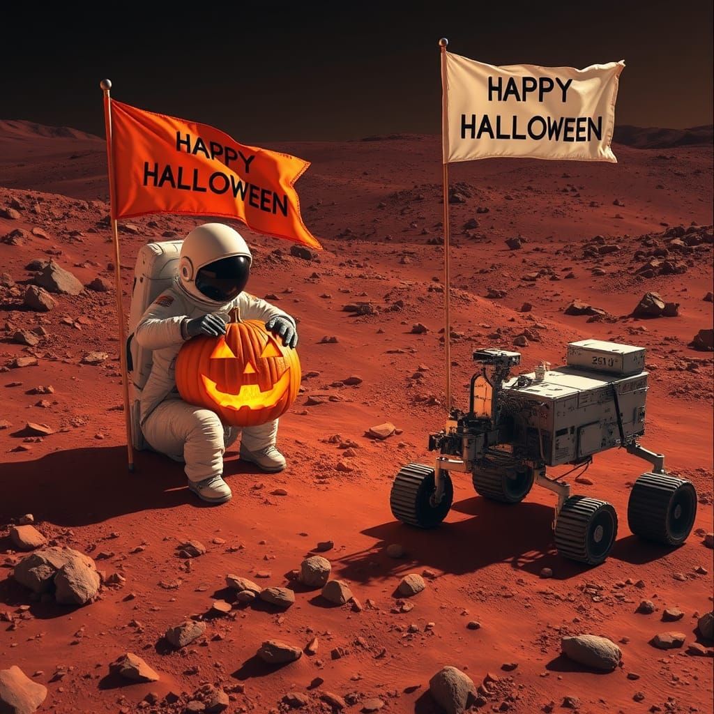 An astronaut on Mars carving a pumpkin on the rocky red surf...