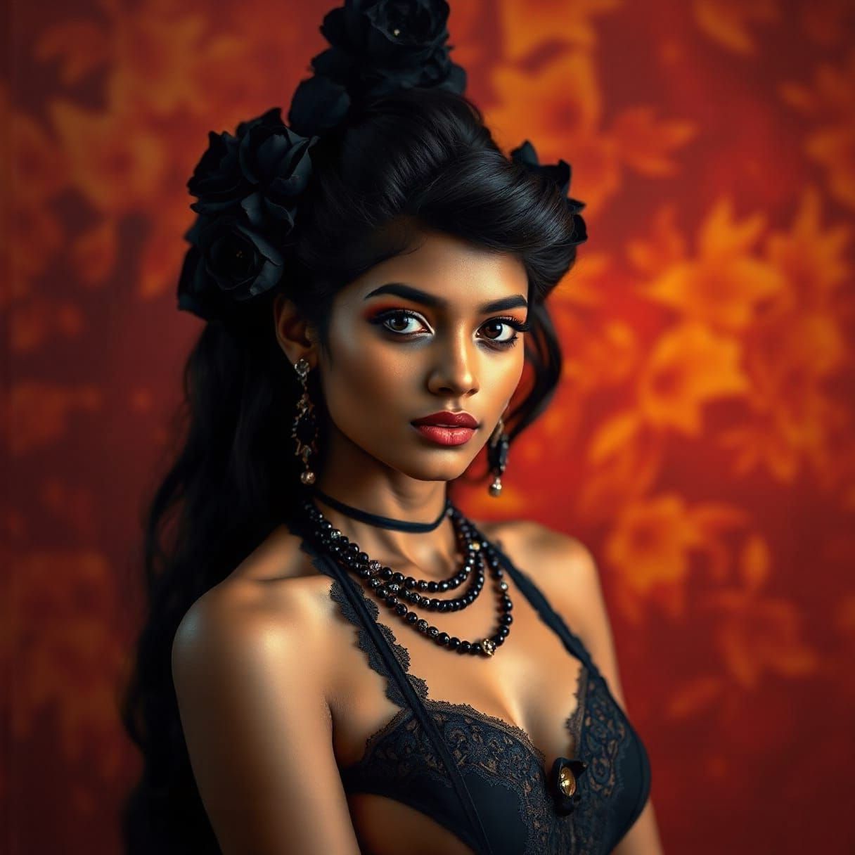 Gothic Sri Lankan Woman Portrait with Floral Accents