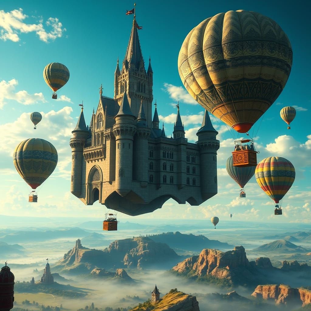Majestic Castle Floating with Victorian Air Balloons