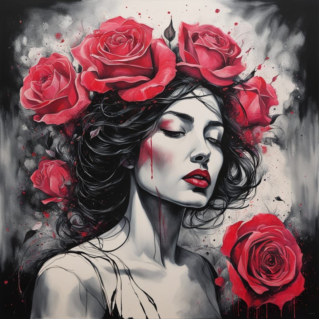Surrealist Goddess with Roses, Tension and Foreboding