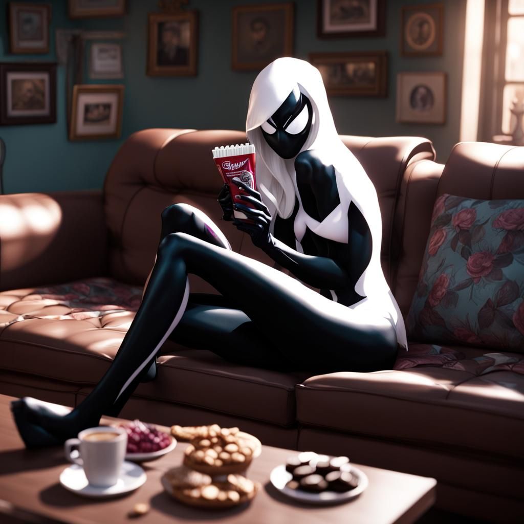 Spider-Gwen with Venom Symbiote Eating Chocolate