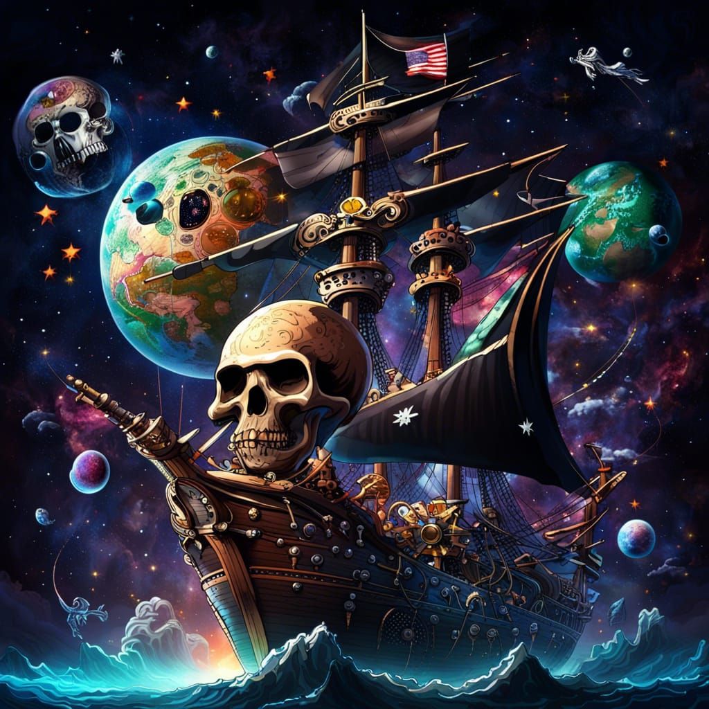 Pirate Ship Soaring Through a Starry Galaxy