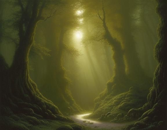 Magical Golden Light in Ancient Forest, Dungeon Synth Art