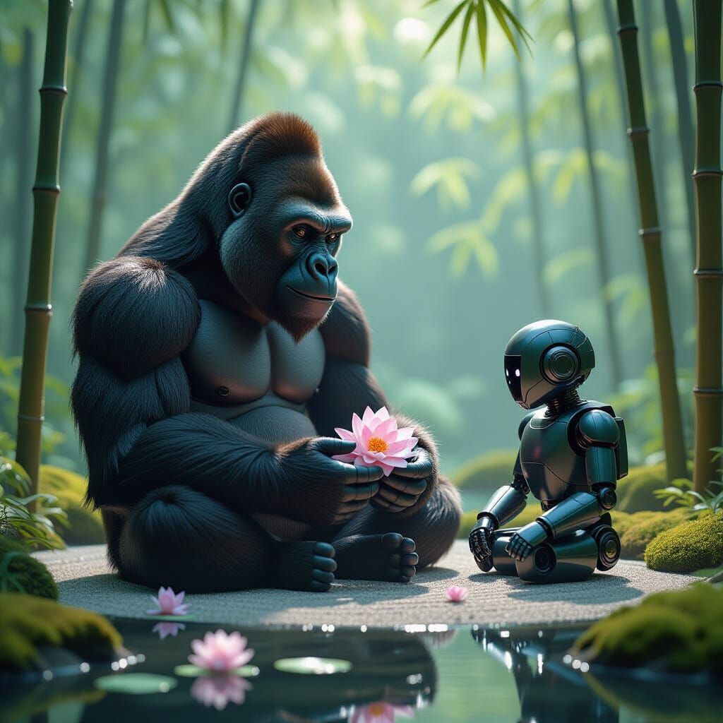 Robot Gorilla Contemplates Origami Flower in Zen Garden