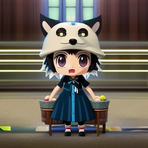 Chibi Werewolf Bellhop in Anime Hotel Lobby