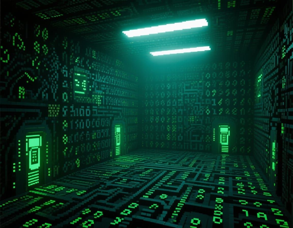 Eerie ASCII Matrix Backrooms Interior with Cyberpunk Neon