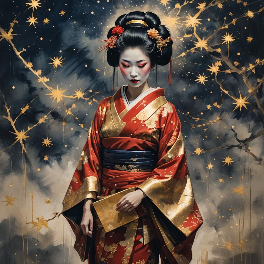 Geisha in Kimono Under Starry Night, Ukiyo-e Style