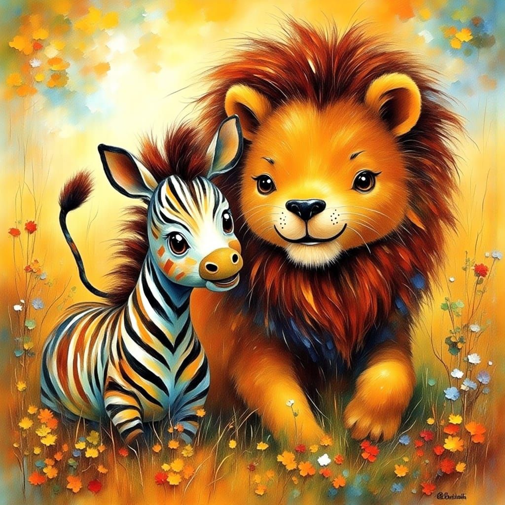 Zebra Foal and Lion Together on Savannah