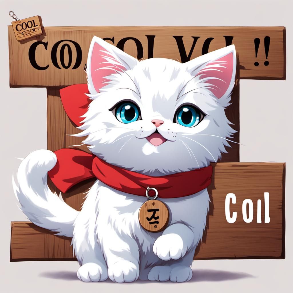 Cute White Cat with Sign in Anime Style