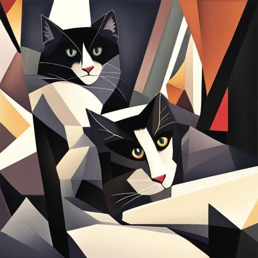 Cubist Black and White Cats in Geometric Fauvism