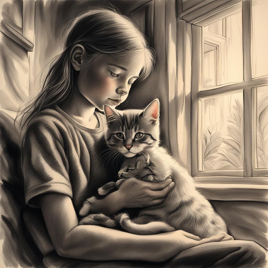 Girl and Kitten: Hyperdetailed Charcoal Drawing