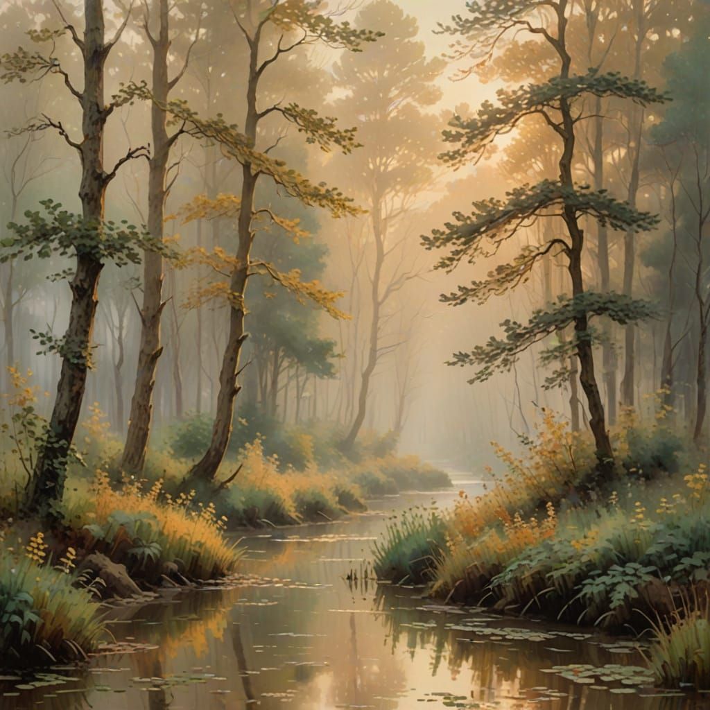 Misty Forest Landscape in Impressionist Style