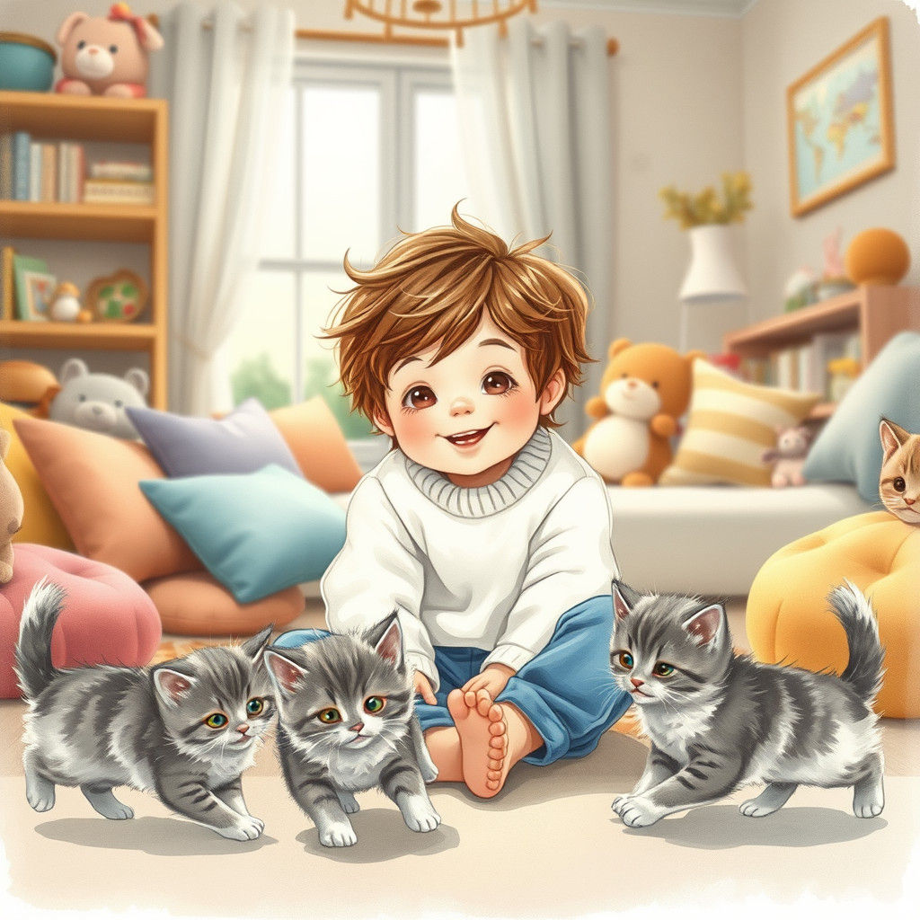 Boy and Kittens in Whimsical Watercolor Style