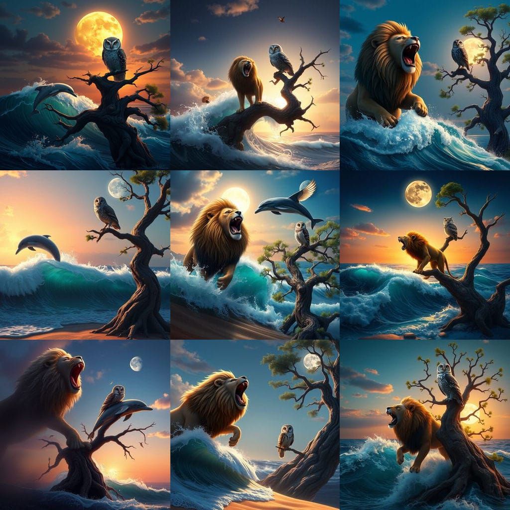Majestic Lion Roars at Sunrise, Playful Dolphin Leaps in Oce...