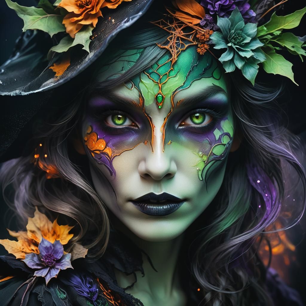 Dark Fantasy Halloween Witch Portrait in Surrealist Style