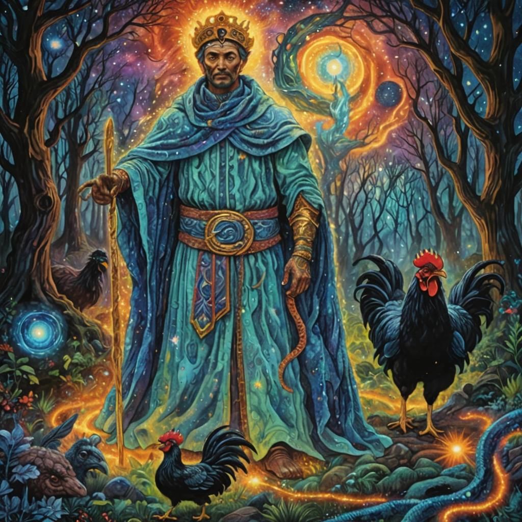 Cosmic Astral Dreamscape with Man, Snake and Rooster