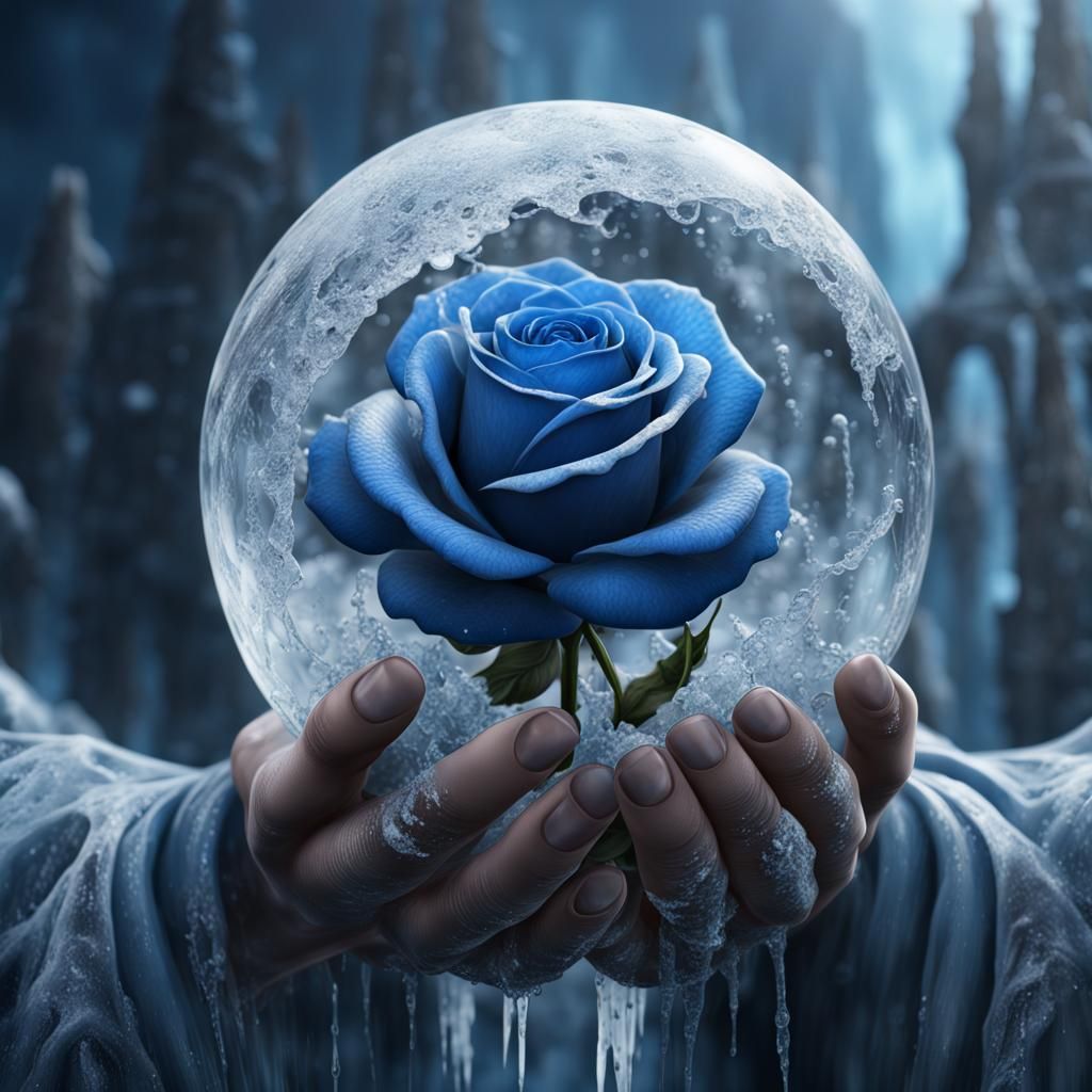 Icy Hands Holding Blue Rose: Detailed Digital Art