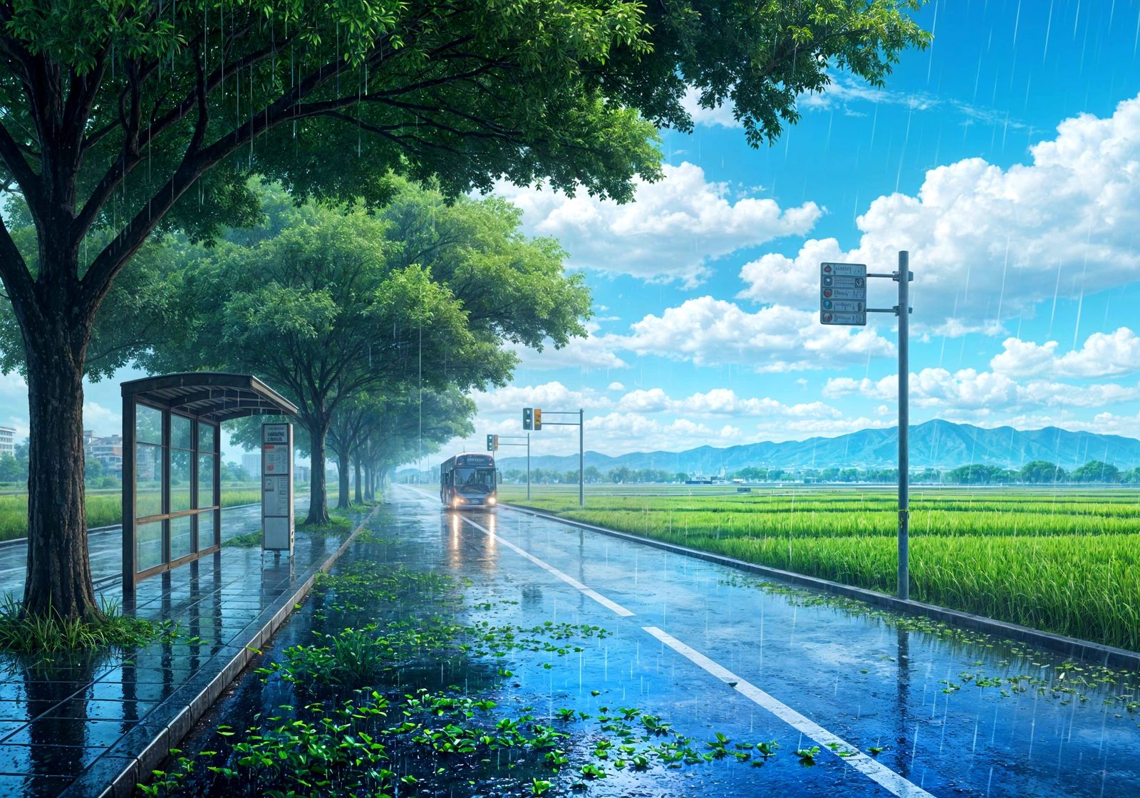 Rainy Urban Bus Stop with Rice Fields
