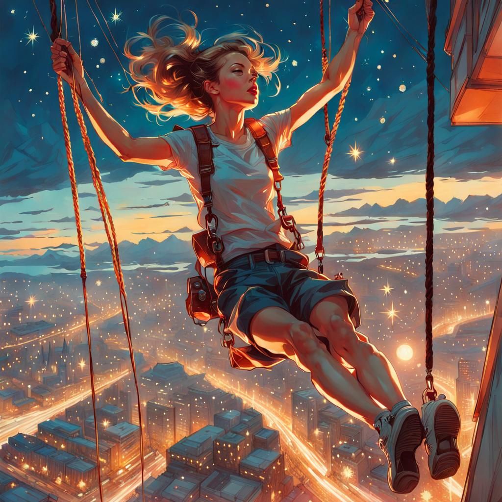 Woman in Ink Style Suspended Above Landscape