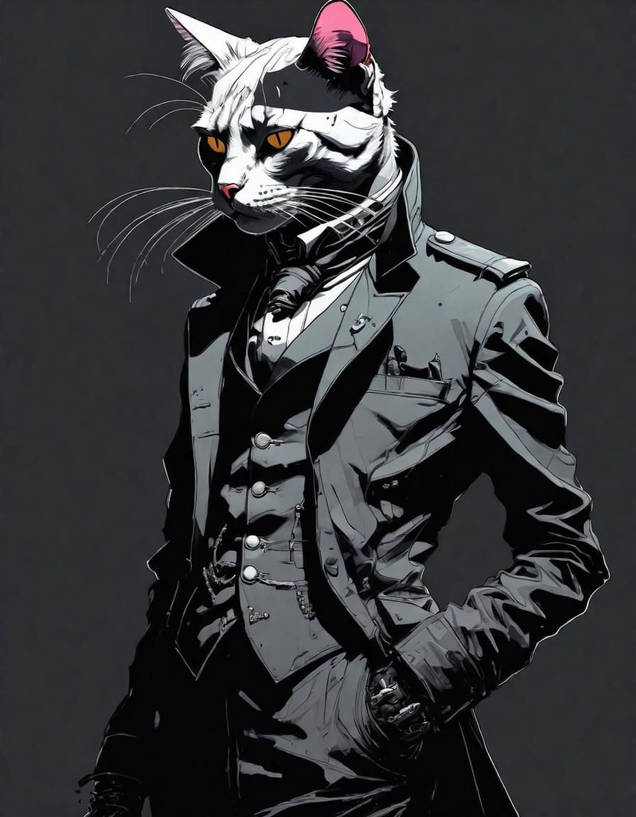 Anthropomorphic Goth Punk Cat in Victorian Style Ink Drawing