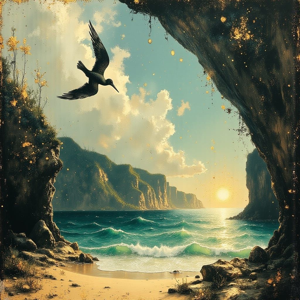 Surreal Ethereal Landscape with Albatross and Hidden Caves