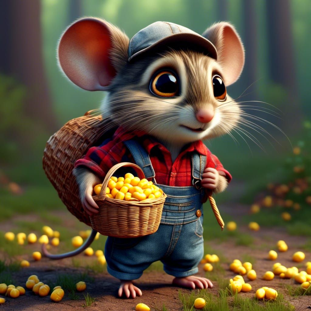 Cute Mouse with Big Eyes and Corn Basket