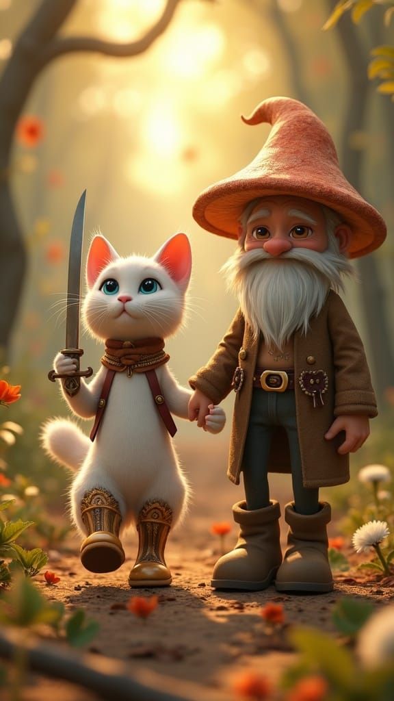Cat Warrior and Mushroom Man in Enchanted Forest