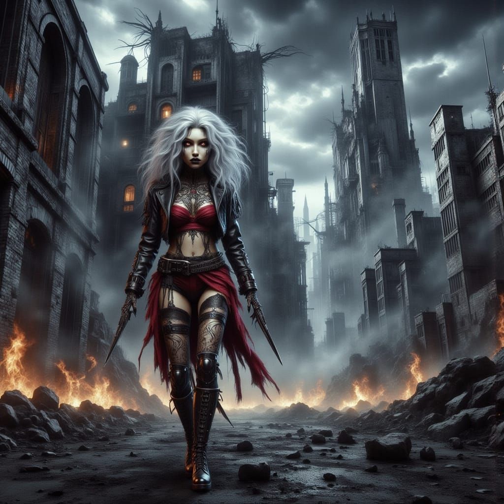 Albino Elf Maiden in Red Leather in Desolate City