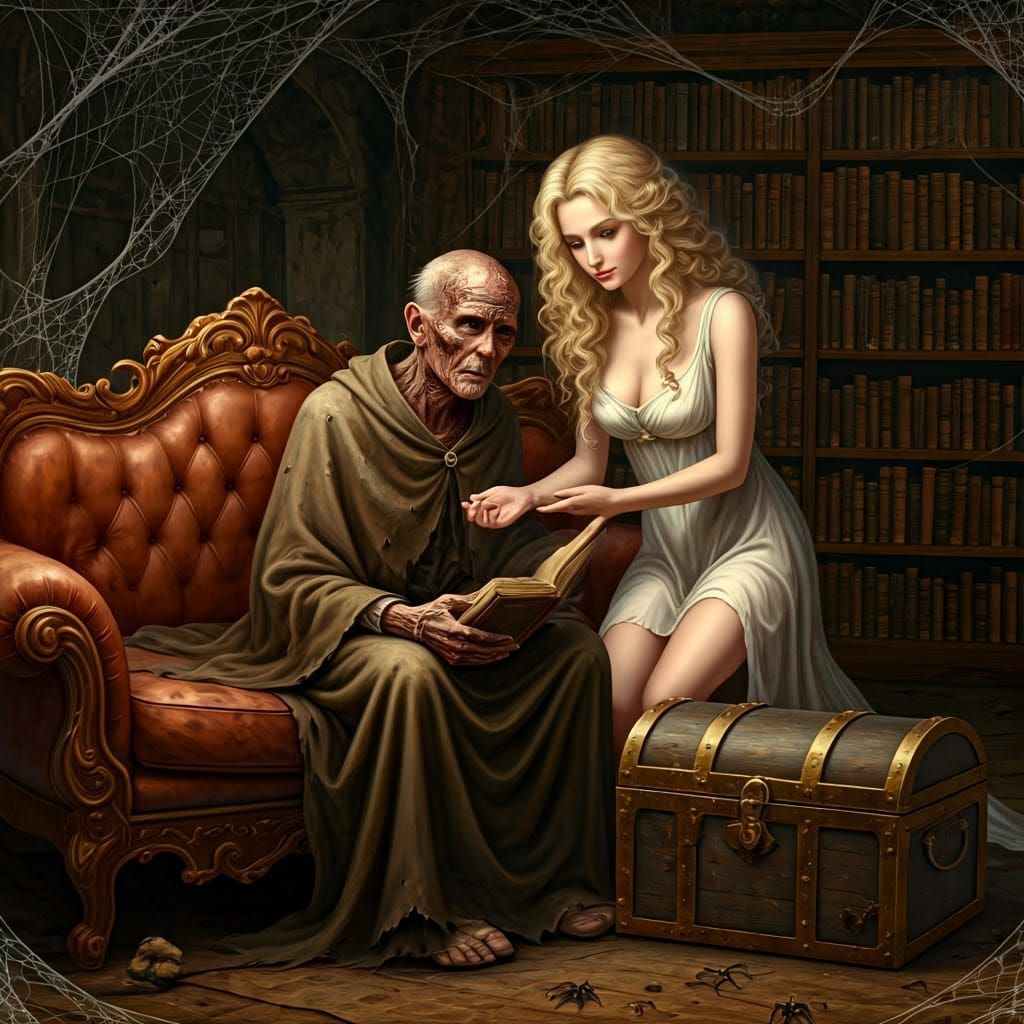 Aged Man in Tattered Cloak Sits Beside Treasure Chest in Dim...