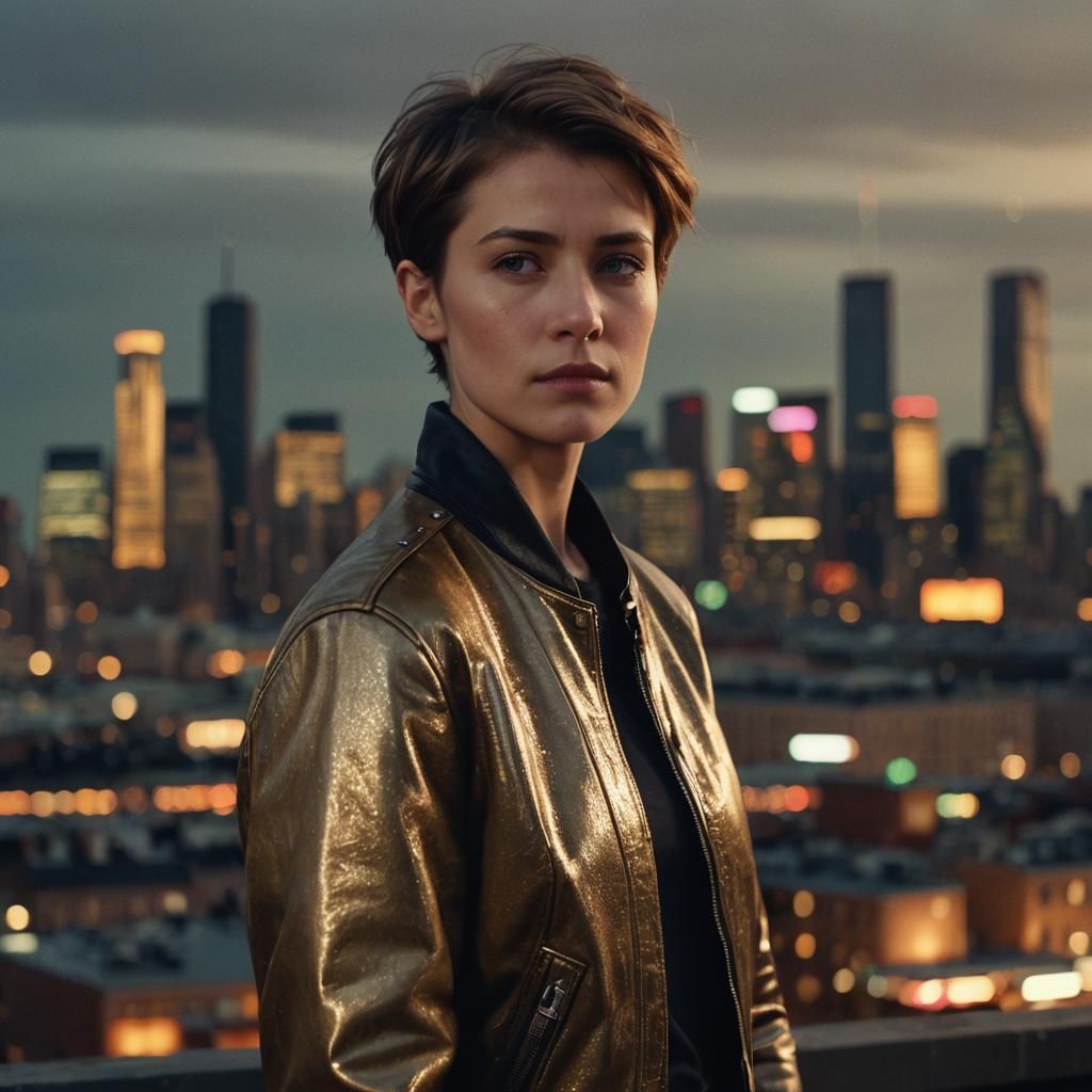 Confident Woman in Leather Jacket with City Lights