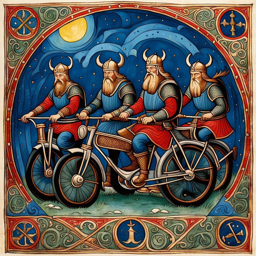 Viking Motorcycle Gang in Illuminated Manuscript Style
