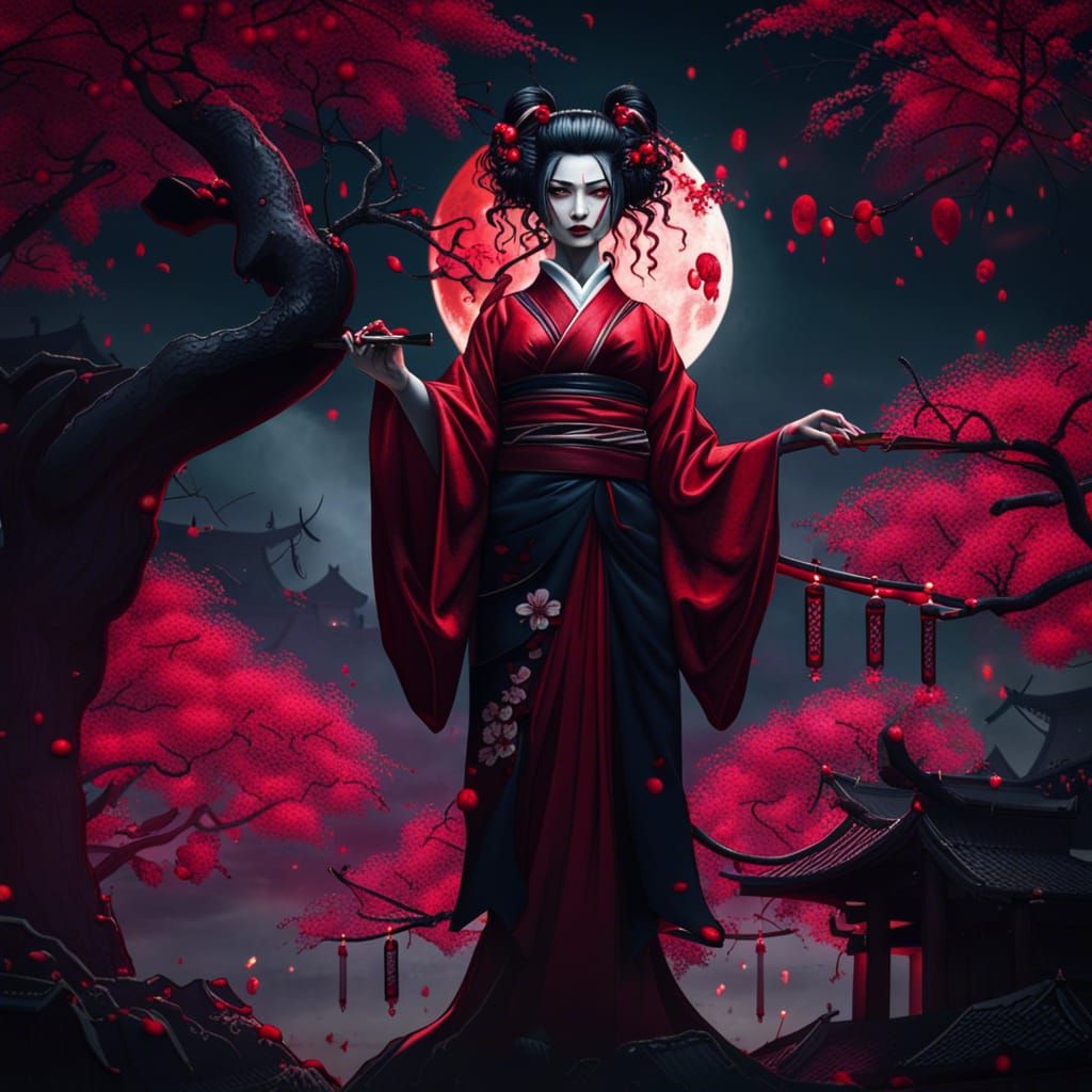 Vampire Geisha Under Blood Moon, Detailed Matte Painting