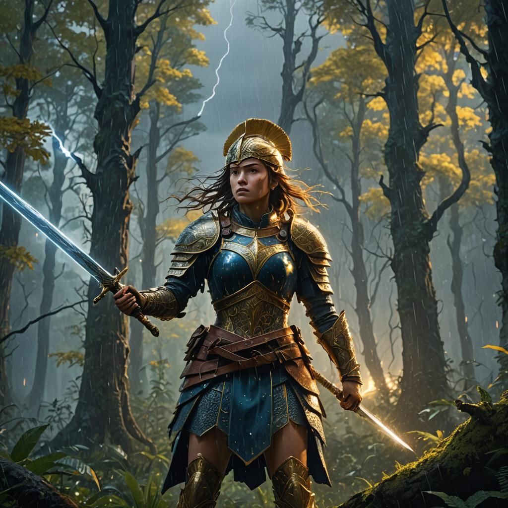 Female Warrior in Storm, Impressionist Fantasy Art