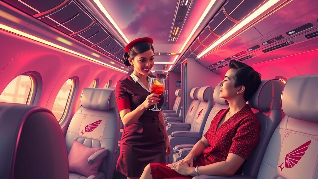 Surreal Stewardess Serving Passenger on Vintage Airliner