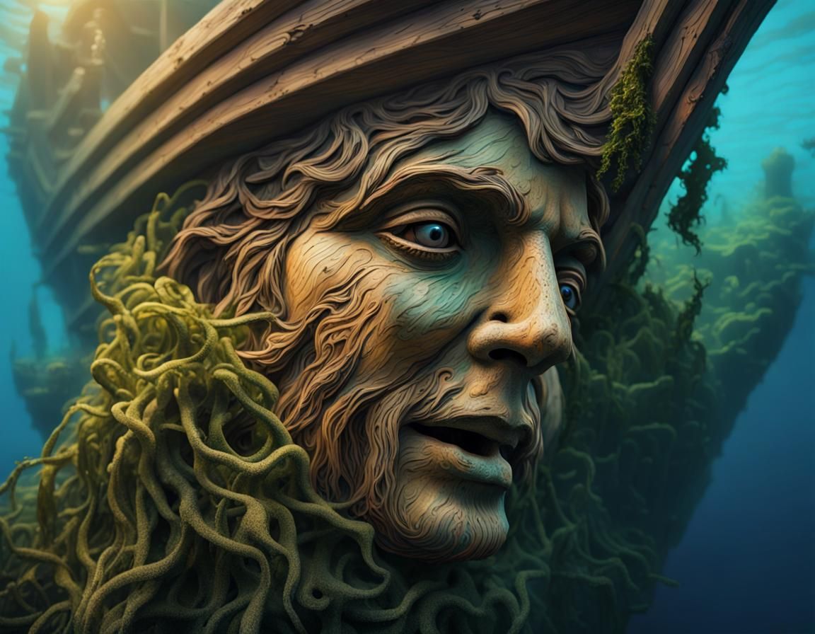 Underwater Shipwreck Figurehead in Hyperrealistic Style