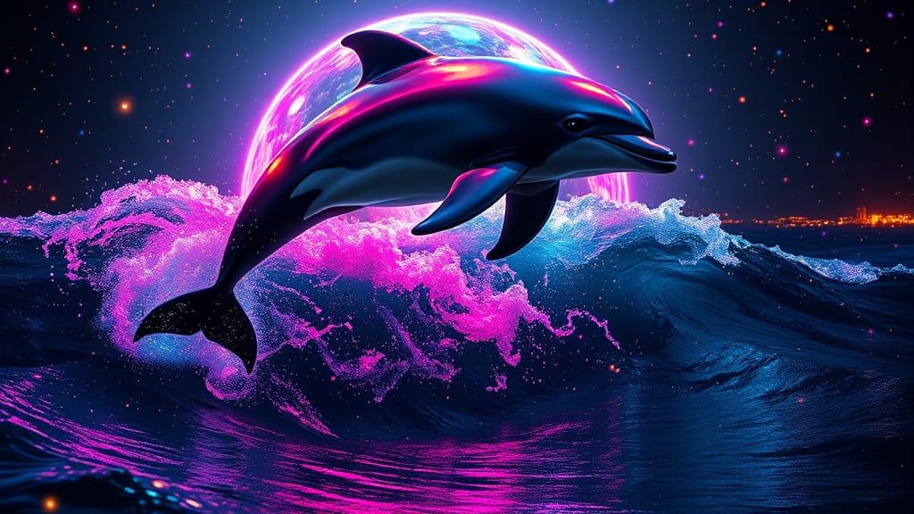 Daring Dolphin Dreams in Cosmic Neon Light