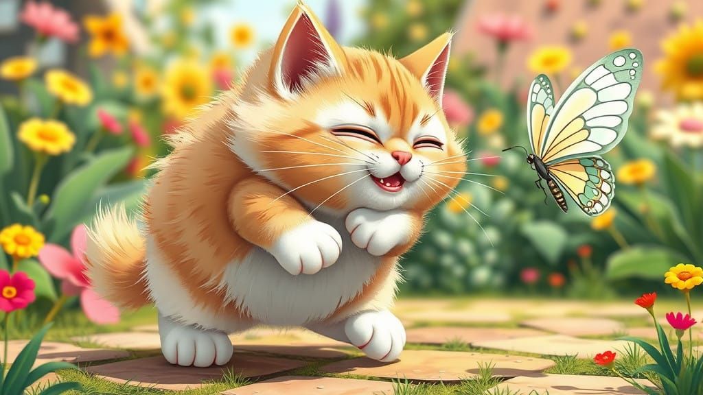 Chubby Kitten Trips in Colorful Cartoon Garden